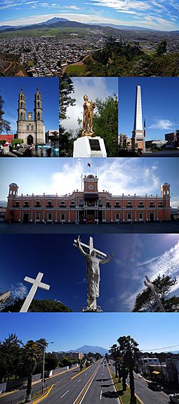 Top:Panoramic view of Tepic and Sangangüey Volcano, from Santiago Hills, Second:Tepic Cathedral, Al Niño Heroe monument in Juan Escutia Park, Independent Obelisk in Bicentenario Square, (left to right) Third:Tepic Government Palace, Fourth:A crucifix statue in Cruz Hills, Bottom:Tepic Institution Technology Center (Instituto Tecnológico de Tepic)