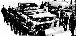 Collinsville mine disaster - miners flanking the coffins in the funeral procession, Thursday 14 October 1954