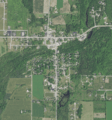 Cropped aerial view showing most of the village of Casco and adjacent areas in the town of Casco in Kewaunee County, Wisconsin 2020