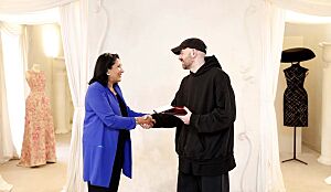 Georgian President Salome Zourabichvili awarding designer Demna Gvasalia