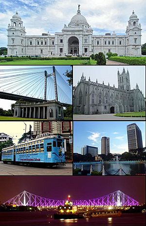 Clockwise from top: Victoria Memorial, St. Paul's Cathedral, central business district, Howrah Bridge, city tram line, Vidyasagar Bridge