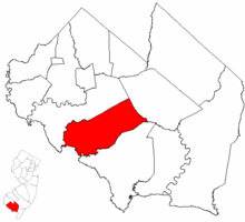 Lawrence Township highlighted in Cumberland County. Inset map: Cumberland County highlighted in the State of New Jersey.