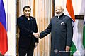 President Rodrigo Roa Duterte poses for a photo with Indian Prime Minister Narendra Modi prior to the start of the bilateral meeting at the Hyderabad House in New Delhi