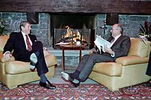 President Ronald Reagan and Soviet General Secretary Mikhail Gorbachev at the first Summit in Geneva, Switzerland