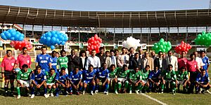 Priyaranjan Dasmunsi with the players of the Dempo S C and Salgaonkar during the inauguration of the ONGC I-League Tournament, the first professional football tournament in India at the Nehru Stadium at Margao, Goa