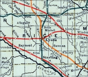 Stouffer's Railroad Map of Kansas 1915-1918 Rice County