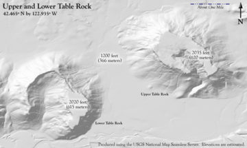 A gray shaded relief map showing the horseshoe shapes of the rocks, with respective labels and elevations