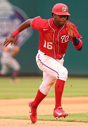 Victor Robles advances to third base after tagging up on a Trea Turner flyout from the Washington Nationals vs. Atlanta Braves at Nationals Park, April 7th, 2021 (All-Pro Reels Photography) (51105785416) (cropped)