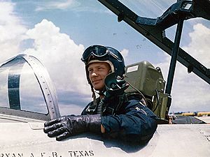 Buzz Aldrin in the cockpit of a Lockheed T-33A Shooting Star