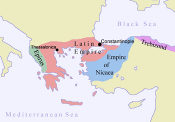 The Latin Empire, Empire of Nicaea, Empire of Trebizond, and the Despotate of Epirus. The borders are very uncertain.