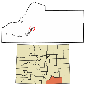 Location of the Hoehne CDP in Las Animas County, Colorado.