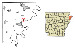 Location of Luxora in Mississippi County, Arkansas.