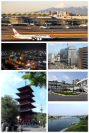 Top: Haneda Airport, Middle left: Night view of Kamata, Middle right: Ōta City Office, Bottom left: Pagoda of Ikegami Honmon-ji Temple, Bottom right: Keikyū Kamata Station and the Tama River