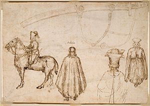 Pisanello - Sketches of the Emperor John VIII Palaeologus, a Monk, and a Scabbard, 1438
