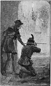 10 The burning torch he carried in his hand made him a better mark-Illustration by H. M. Paget (1856-1936) for The Black Arrow by RL Stevenson - courtesy of British Library