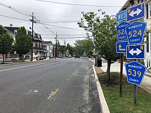 2018-05-27 14 43 34 View west along Monmouth County Route 524 and Monmouth County Route 526 and south along Monmouth County Route 539 (Main Street) at Waker Avenue in Allentown, Monmouth County, New Jersey