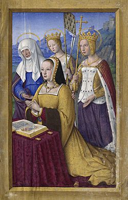 BNF - Latin 9474 - Jean Bourdichon - Grandes Heures d'Anne de Bretagne - f. 3r - Anne de Bretagne entre trois saintes