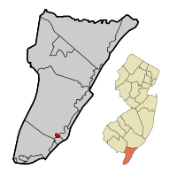 West Wildwood Borough highlighted in Cape May County. Inset map: Cape May County highlighted in the State of New Jersey.