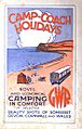 A stylised painting of a coast line in red and blue with the sea on the left and a railway coach on the right. At the top is the title "Camp-Coach Holidays", and at the bottom it says Novel and economical camping in comfort in selected beauty spots of Somerset, Devon, Cornwall and Wales"."