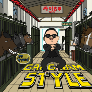 A drawing of a horse stable, with Psy performing a dance. The song's title is read in  the floor with the album's title (Reading: "Psy 6 (Six Rules), Part 1" in Korean) on a sign on ceiling and the artist on the top right wall. A speech bubble is seen on the first horse on the left saying "Oppan'Gangnam Style'" in Korean.