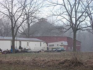 John Haimbaugh Round Barn, snow falling