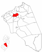 Westampton Township highlighted in Burlington County. Inset map: Burlington County highlighted in the State of New Jersey.