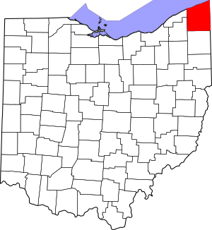 Map of Ohio highlighting Ashtabula County
