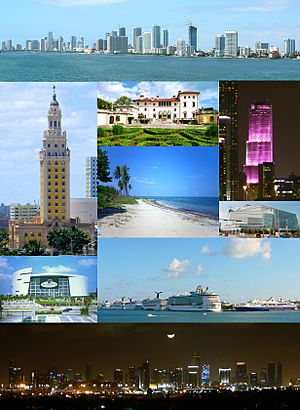From top, left to right: Downtown, Freedom Tower, Villa Vizcaya, Miami Tower, Virginia Key Beach, Adrienne Arsht Center for the Performing Arts, FTX Arena, PortMiami, Miami Skyline at Night