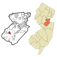 Map of Dayton CDP in Middlesex County. Inset: Location of Middlesex County in New Jersey.