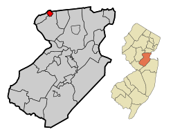 Dunellen highlighted in Middlesex County. Inset: location of Middlesex County highlighted in the State of New Jersey.