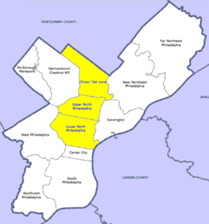 Map of Philadelphia County with North Philadelphia highlighted. Click for larger image