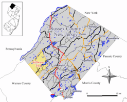Map of Stillwater Township in Sussex County. Inset: Location of Sussex County in New Jersey.