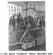 The Pneumatic Dispatch, taking letters from the lamp-post, designed by A. E. Beach, 1868