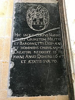 The grave of Sir Harbottle Grimston, Ist Baronet, in the chancel of St Lawrence's Church, Bradfield, Essex
