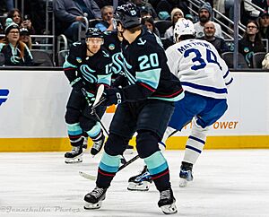 Toronto Maple Leafs at Seattle Kraken - 2024-01-21 - Jaden Schwartz, Auston Matthews and Eeli Tolvanen (53481296365)