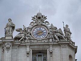 Vaticano-Roma, angolo sinistro della facciata di San Pietro, con orologio e campane
