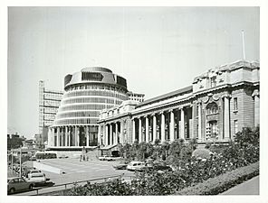 Wellington City - Parliament Building Publicity Caption Parliament Buildings showing the new executive wing - "The Beehive" Photographer W. Cleal