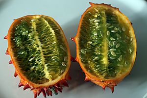 Fruit in cross section showing green flesh