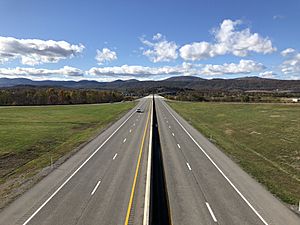 2019-10-27 14 58 29 View west along U.S. Route 48 from the overpass for West Virginia State Route 55 in Moorefield, Hardy County, West Virginia