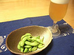 Beer and edamame (boild green soybeans)
