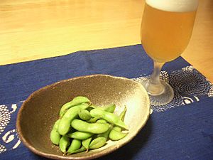 Beer and edamame (boild green soybeans)