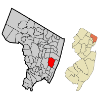 Map highlighting Englewood's location within Bergen County. Inset: Bergen County's location within New Jersey