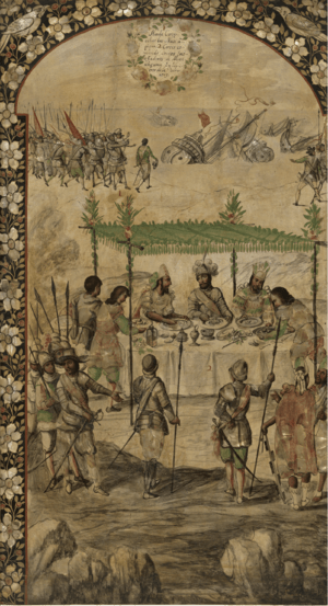Conquista de México (Tabla 1) - Manda Cortés echar los Naos a pique, come con embajadores de Moctezuma, Miguel González & Juan González (1698)