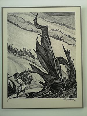 Drawing of a man carrying agave leaves by Pablo O'Higgins