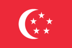 A white crescent and five stars (arranged in a pentagon) centred on a red background