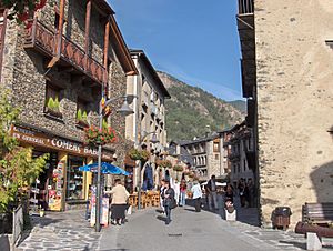 An Ordino street and Casamanya mountain in the background
