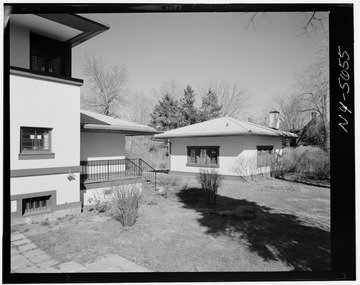 Historic American Buildings Survey, Hans Padelt, Photographer Winter 1968 (2 1-4' x 2 3-4' negative), VIEW OF REAR ENTRANCE AND GARAGE FROM SOUTHEAST. - E. E. Boynton House, 16 HABS NY,28-ROCH,29-3