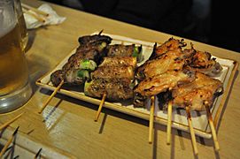 Kushiyaki- pork-wrapped asparagus, wings