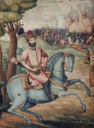 Nadir Shah at the sack of Delhi - Battle scene with Nader Shah on horseback, possibly by Muhammad Ali ibn Abd al-Bayg ign Ali Quli Jabbadar, mid-18th century, Museum of Fine Arts, Boston