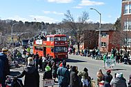 Parade floats and bands coming up Beech Street in the 2019 Holyoke Saint Patrick's Day Parade